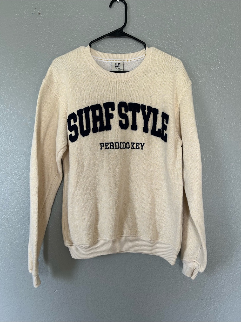 surf style Cream Crewneck Sweater with Navy Lettering